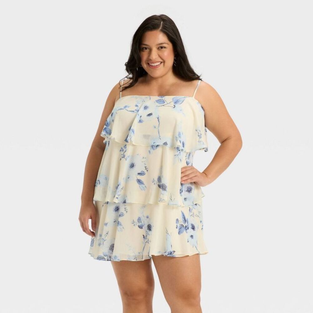 Women's Tiered Ruffle Mini Shift Dress - A New Day Blue Floral 4X